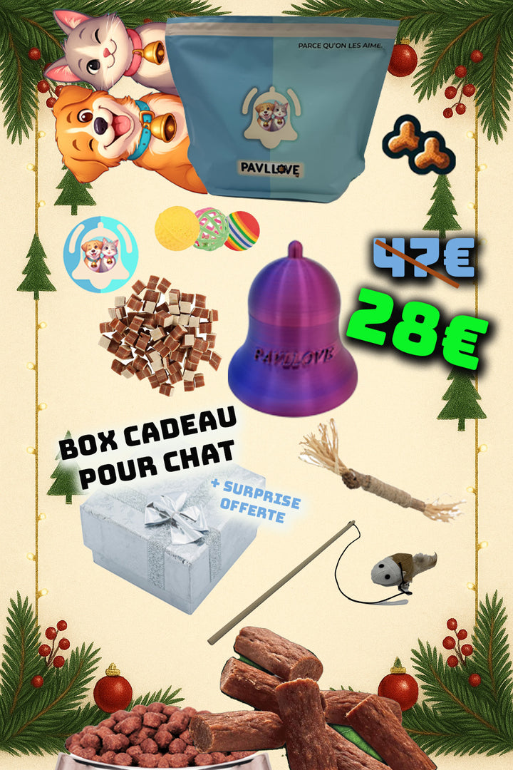 Box de Noël Pavllove pour chat : 2 kg de croquettes au saumon, friandises naturelles, cubes poulet/saumon, balle sensorielle, souris suspendue, bâtonnette Matatabi, jouet peluche et cadeau surprise. Coffret premium, édition limitée. Idéal pour chaton, adulte et senior. Produits de qualité, sélectionnés pour le bien-être des chats. Parfait comme cadeau de Noël.