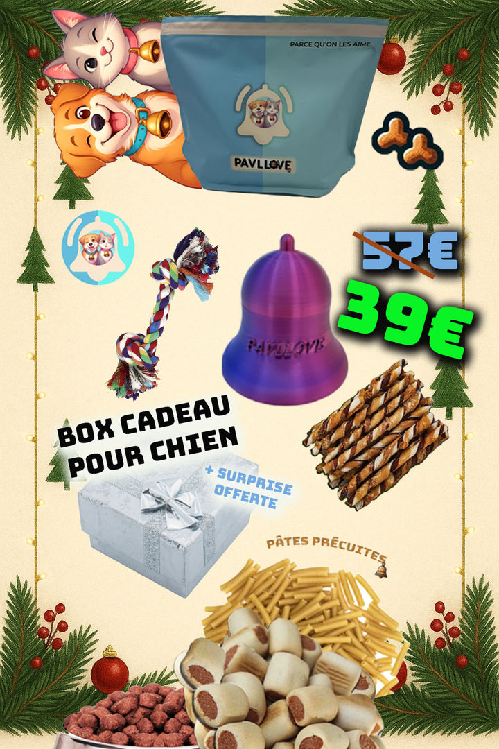 Box de Noël Pavllove pour chien : 2 kg de croquettes premium, 1 kg de pâtes précuites, jouet corde, cloche Pavllove, bâtonnets poulet/bœuf, friandises naturelles, cadeau surprise. Coffret complet, édition limitée. Idéal pour petits, moyens et grands chiens. Produits qualitatifs et variés pour un Noël gourmand et amusant. Parfait comme cadeau pour votre compagnon.