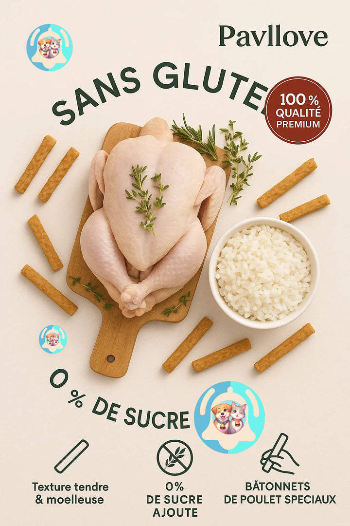 Pavllove – bâtonnets de poulet artisanaux 100 g, friandises premium pour chats exigeants, sans colorants ni conservateurs.