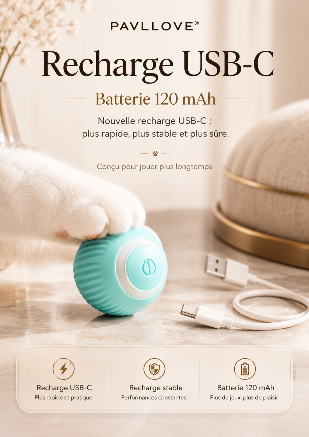 Jouet automatique pour chat avec mouvement aléatoire LED et changement de direction