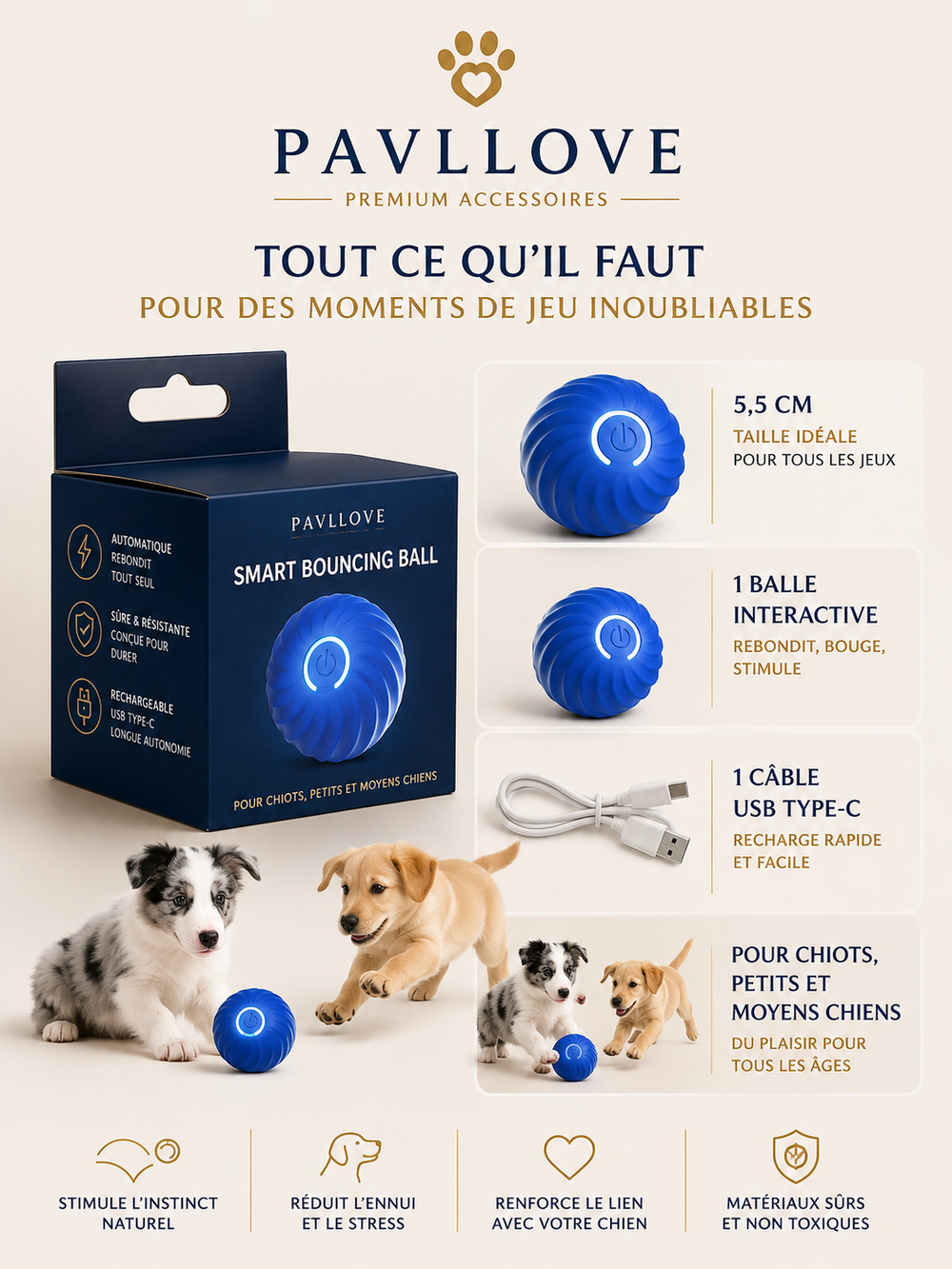 Balle automatique pour chien avec surface silencieuse et résistante aux rayures