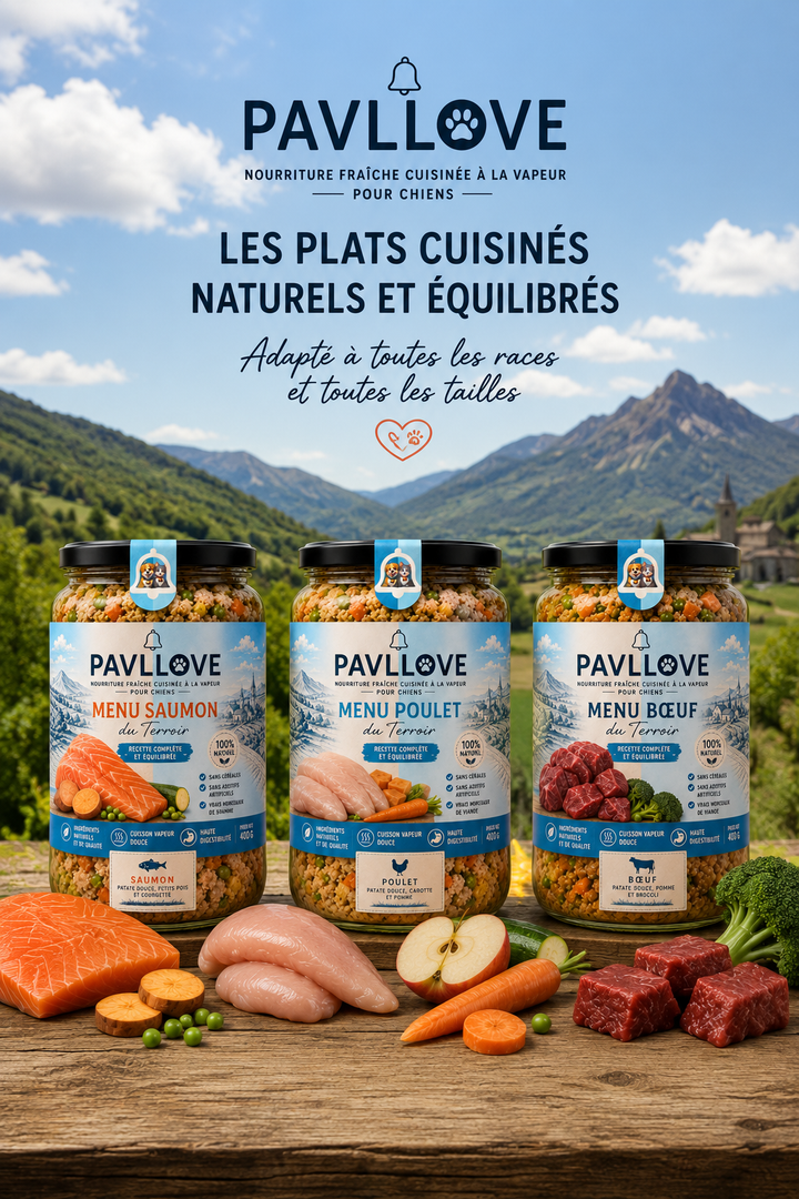 Repas façon maison pour chien au poulet Pavllove avec légumes et bocal en verre prêt à servir