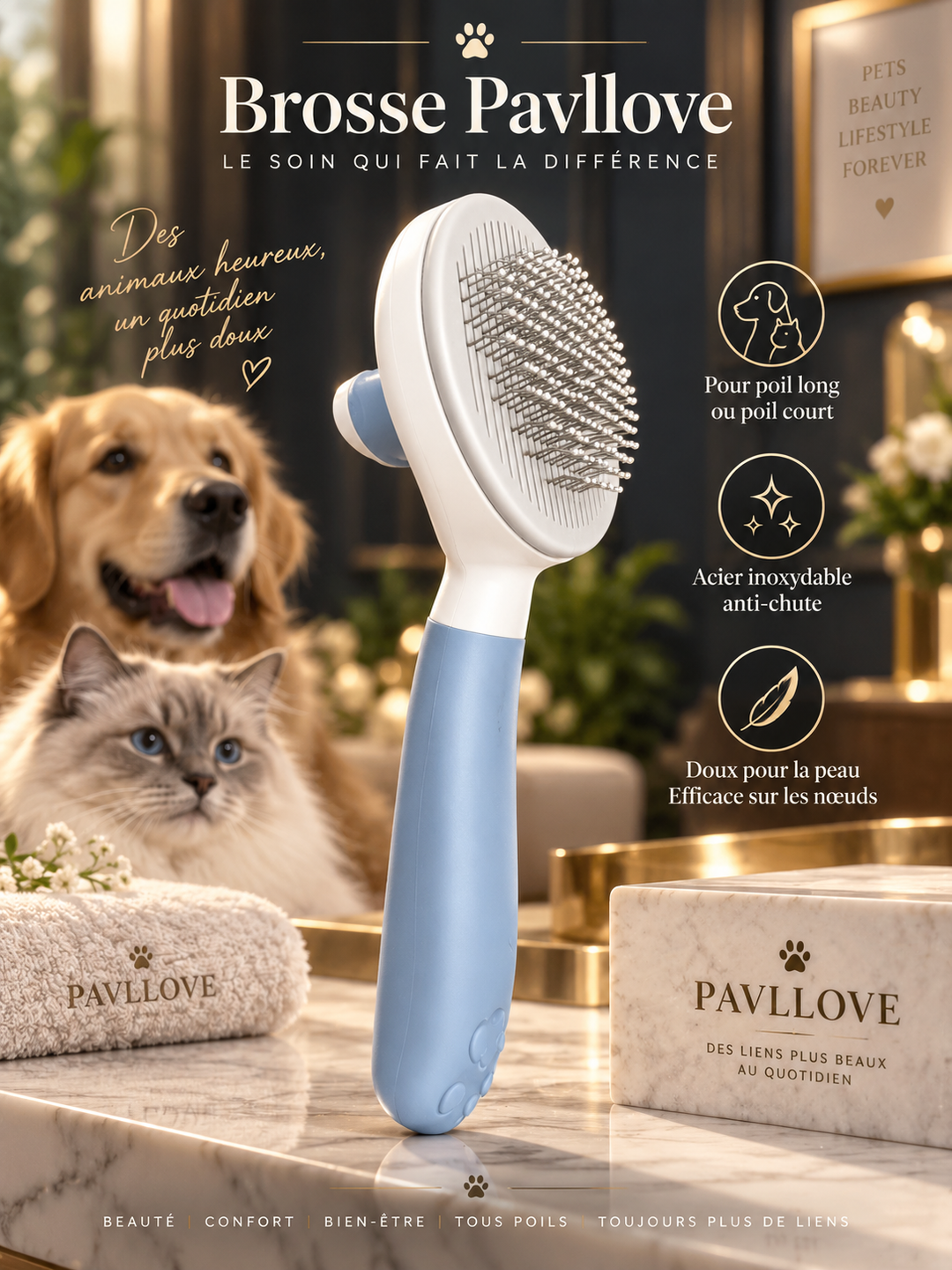 Brosse chien poils morts avec picots en acier inoxydable Pavllove
