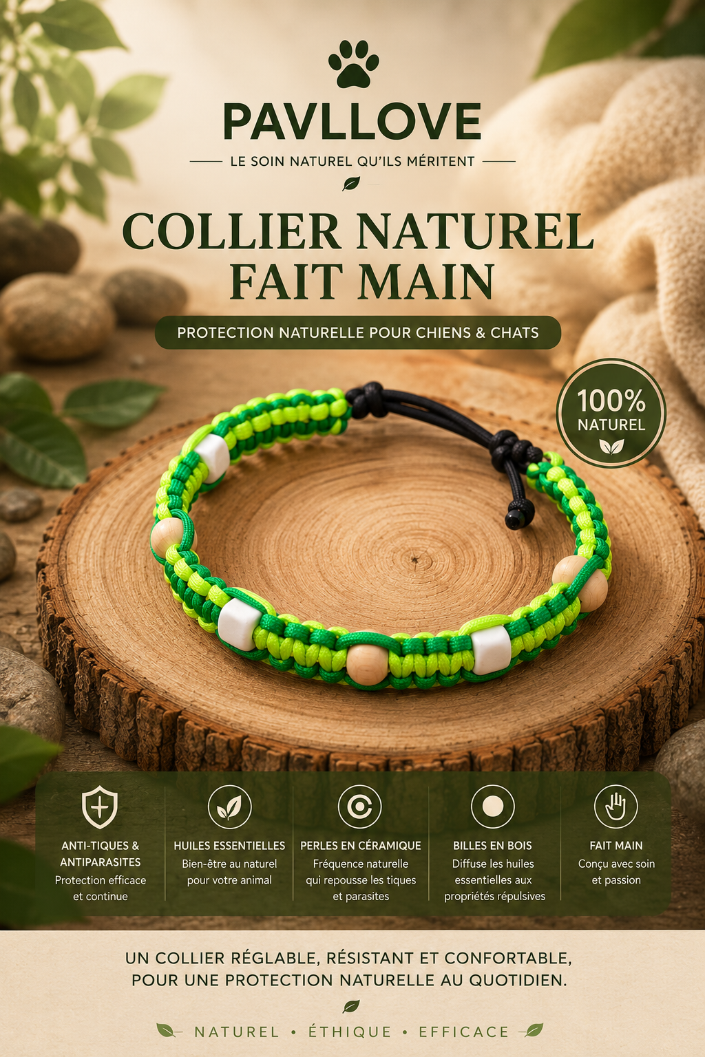 Collier Anti-Tiques & Antiparasitaire Naturel Chien et Chat, Fait Main en France, Perles de Céramique EM (Gamme Tréssée)