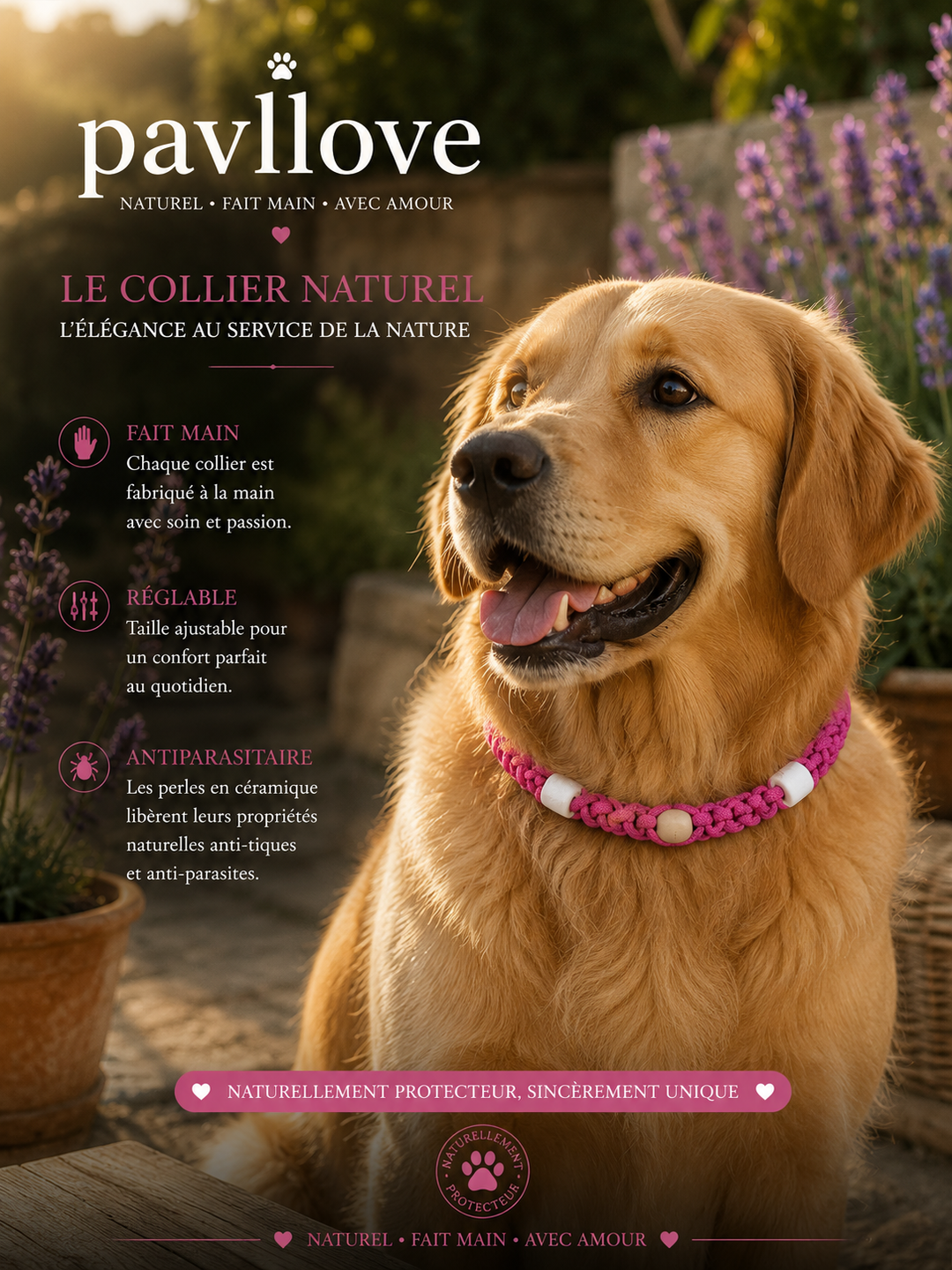 Collier Rose foncé Torsadé Anti-Tiques Naturel, Antiparasitaire avec Perles de Céramique EM ⭐⭐⭐⭐⭐