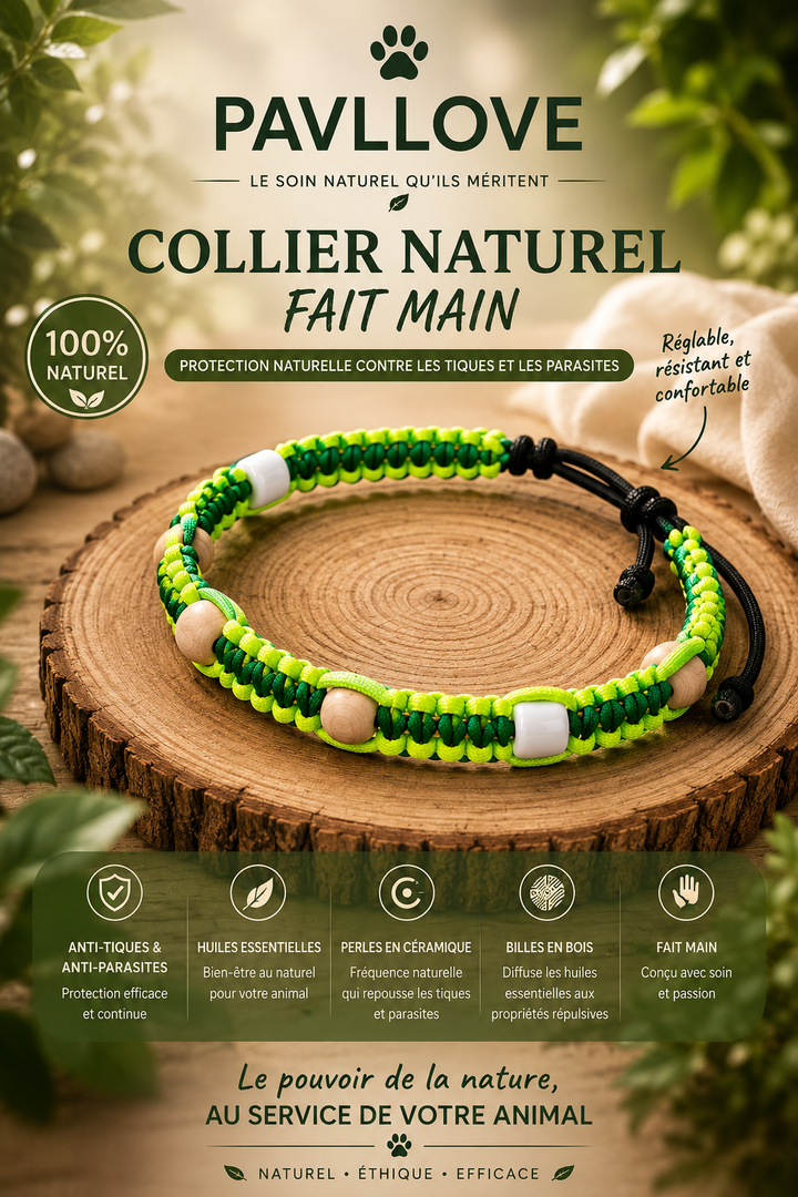 Collier Anti-Tiques & Antiparasitaire Naturel Chien et Chat, Fait Main en France, Perles de Céramique EM (Gamme Tréssée)