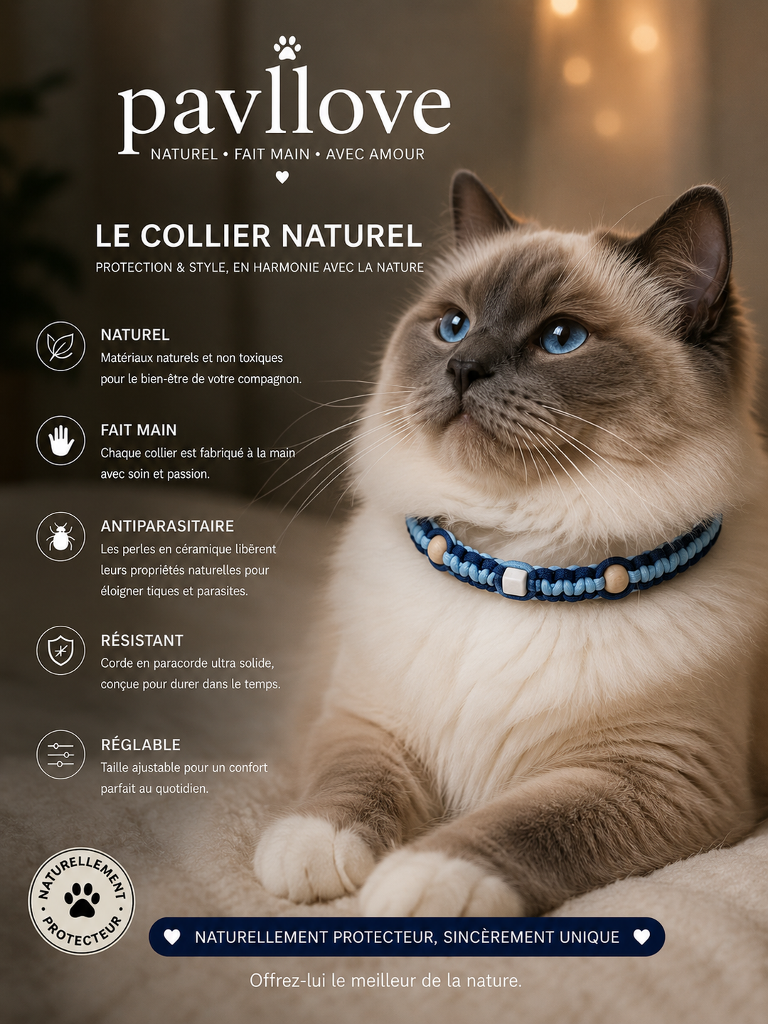 Collier Anti-Tiques & Antiparasitaire Naturel Chien et Chat, Fait Main en France, Perles de Céramique EM (Gamme Tréssée)