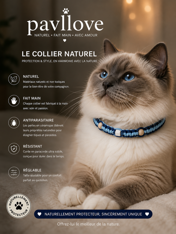 Collier Anti-Tiques & Antiparasitaire Naturel Chien et Chat, Fait Main en France, Perles de Céramique EM (Gamme Tréssée)