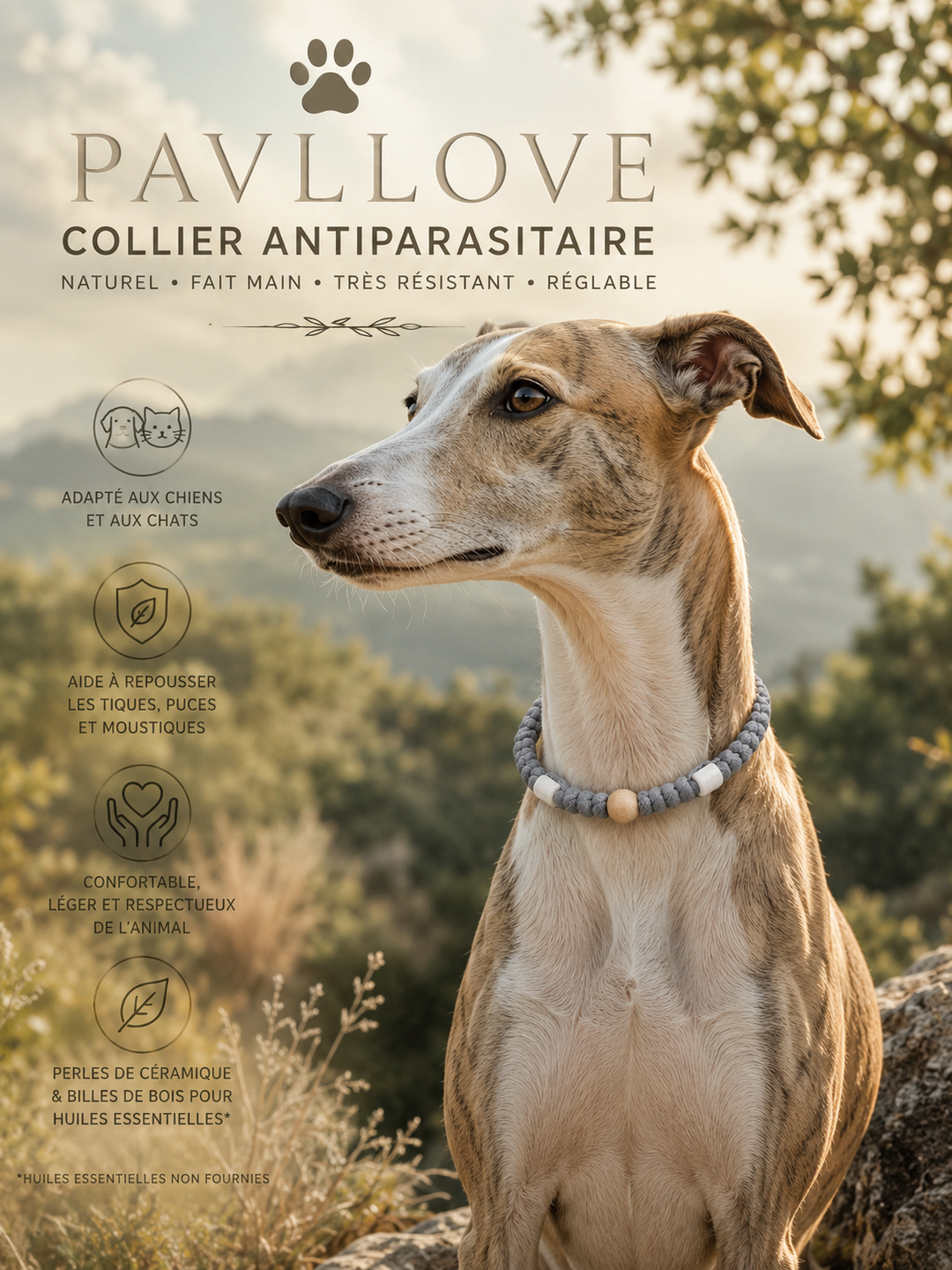 Collier Gris Torsadé Anti-Tiques Naturel, Antiparasitaire avec Perles de Céramique EM ⭐⭐⭐⭐⭐