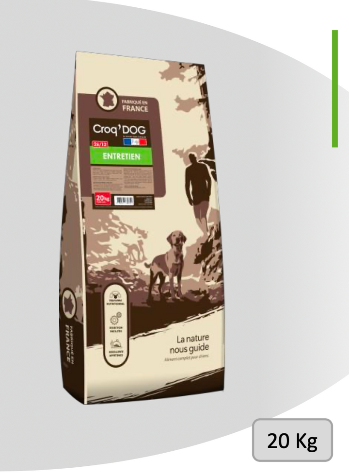 Paquet de croquettes CROQ’DOG ENTRETIEN 26/12 – alimentation complète pour chiens adultes et seniors, recette volaille, 26% protéines, digestion facile.