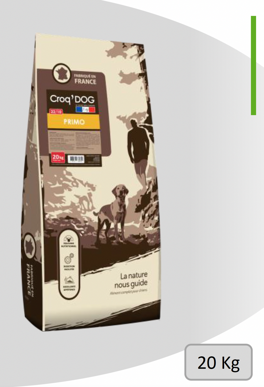 Croquettes pour chien CROQ’DOG PRIMO 22/10 – alimentation économique complète avec 22% de protéines, recettes équilibrées pour chiens adultes, qualité nutritionnelle au meilleur prix.