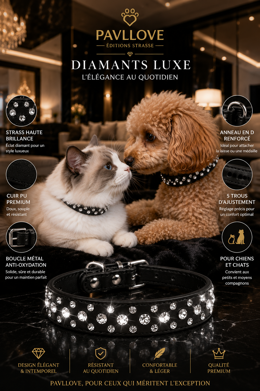 Collier Strass Noir – Chien & Chat | Élégant, Résistant & Confortable ⭐⭐⭐⭐⭐