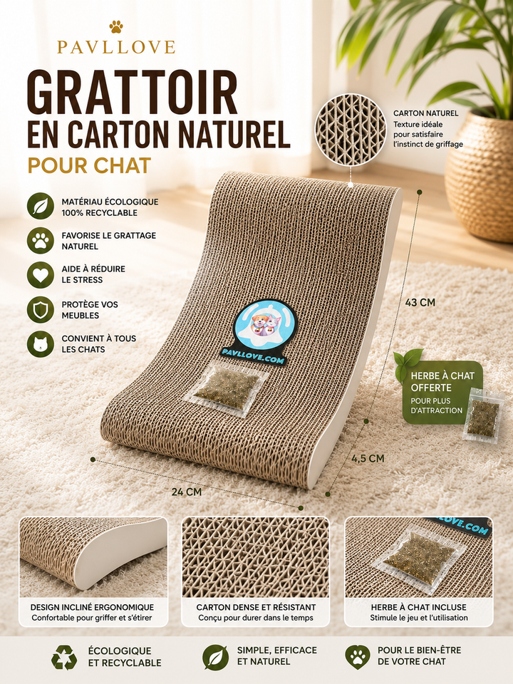 🐾 Grattoir en carton Pavllove Avec échantillon d’herbe à chat offert 🌿 ⭐⭐⭐⭐⭐