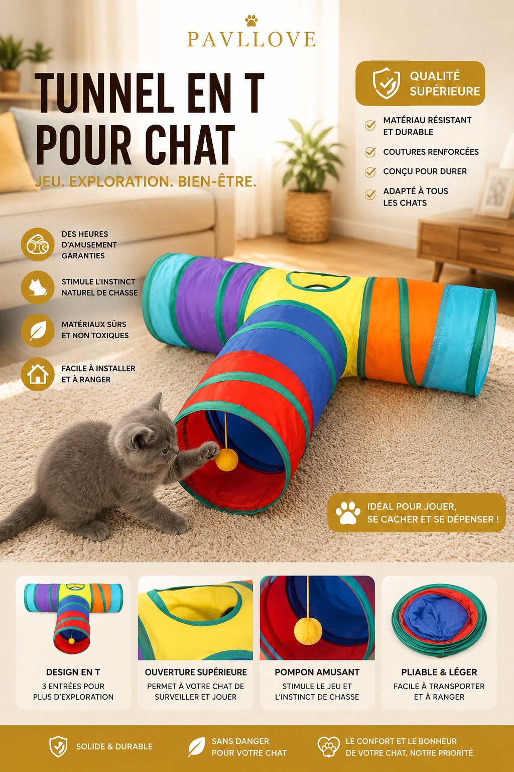 Tunnel pour Chat en Forme de T Arc-en-Ciel – Jouet Interactif Anti-Ennui, Polyester Écologique, Pliable & Durable ⭐⭐⭐⭐⭐