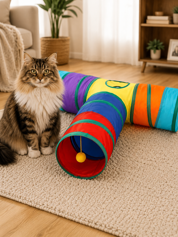 Tunnel pour Chat en Forme de T Arc-en-Ciel – Jouet Interactif Anti-Ennui, Polyester Écologique, Pliable & Durable ⭐⭐⭐⭐⭐