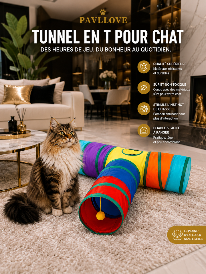 Tunnel pour Chat en Forme de T Arc-en-Ciel – Jouet Interactif Anti-Ennui, Polyester Écologique, Pliable & Durable ⭐⭐⭐⭐⭐