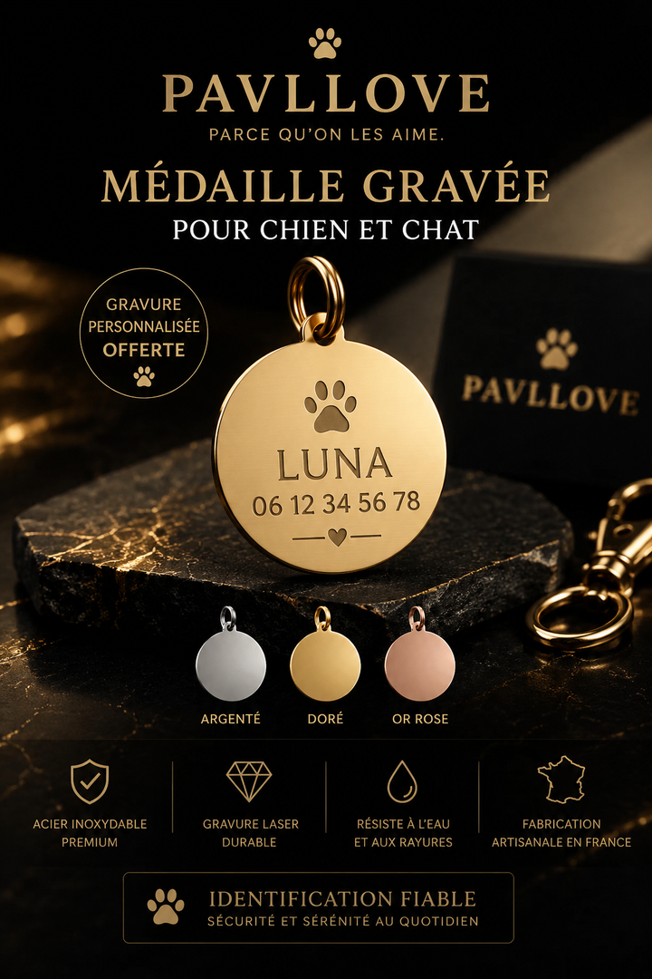 Médaillon Personnalisé Chien & Chat – Gravure Premium – Acier Inoxydable Doré / Argenté / Or Rosé – 30 mm ⭐⭐⭐⭐⭐