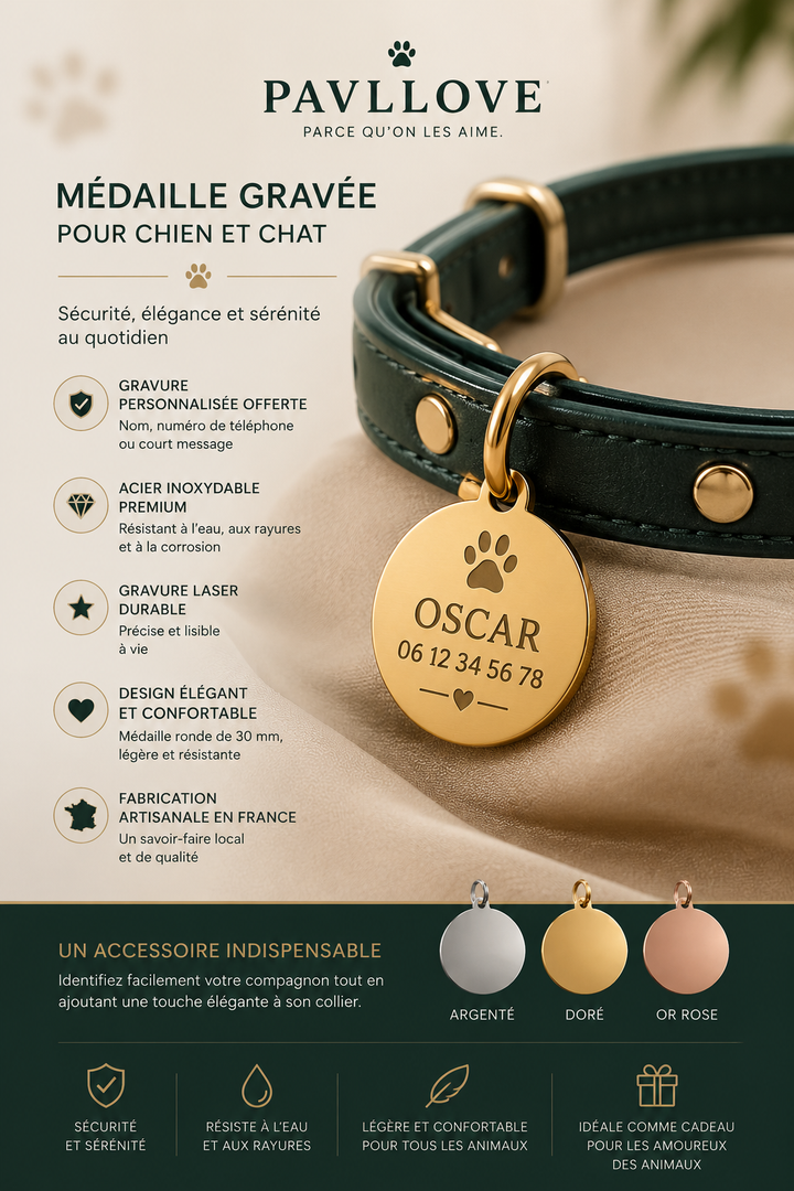 Médaillon Personnalisé Chien & Chat – Gravure Premium – Acier Inoxydable Doré / Argenté / Or Rosé – 30 mm ⭐⭐⭐⭐⭐