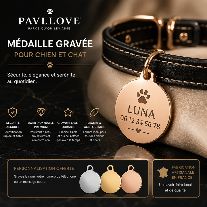 Médaillon Personnalisé Chien & Chat – Gravure Premium – Acier Inoxydable Doré / Argenté / Or Rosé – 30 mm ⭐⭐⭐⭐⭐