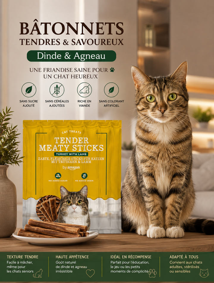 Bâtonnets pour chat dinde agneau  Friandises tendres x10 ⭐⭐⭐⭐⭐