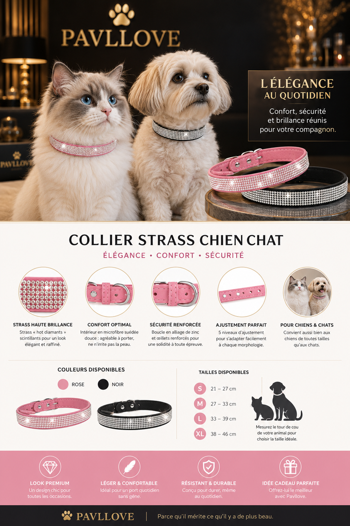 Collier strass chien chat – Élégant et ajustable Pavllove ⭐⭐⭐⭐⭐