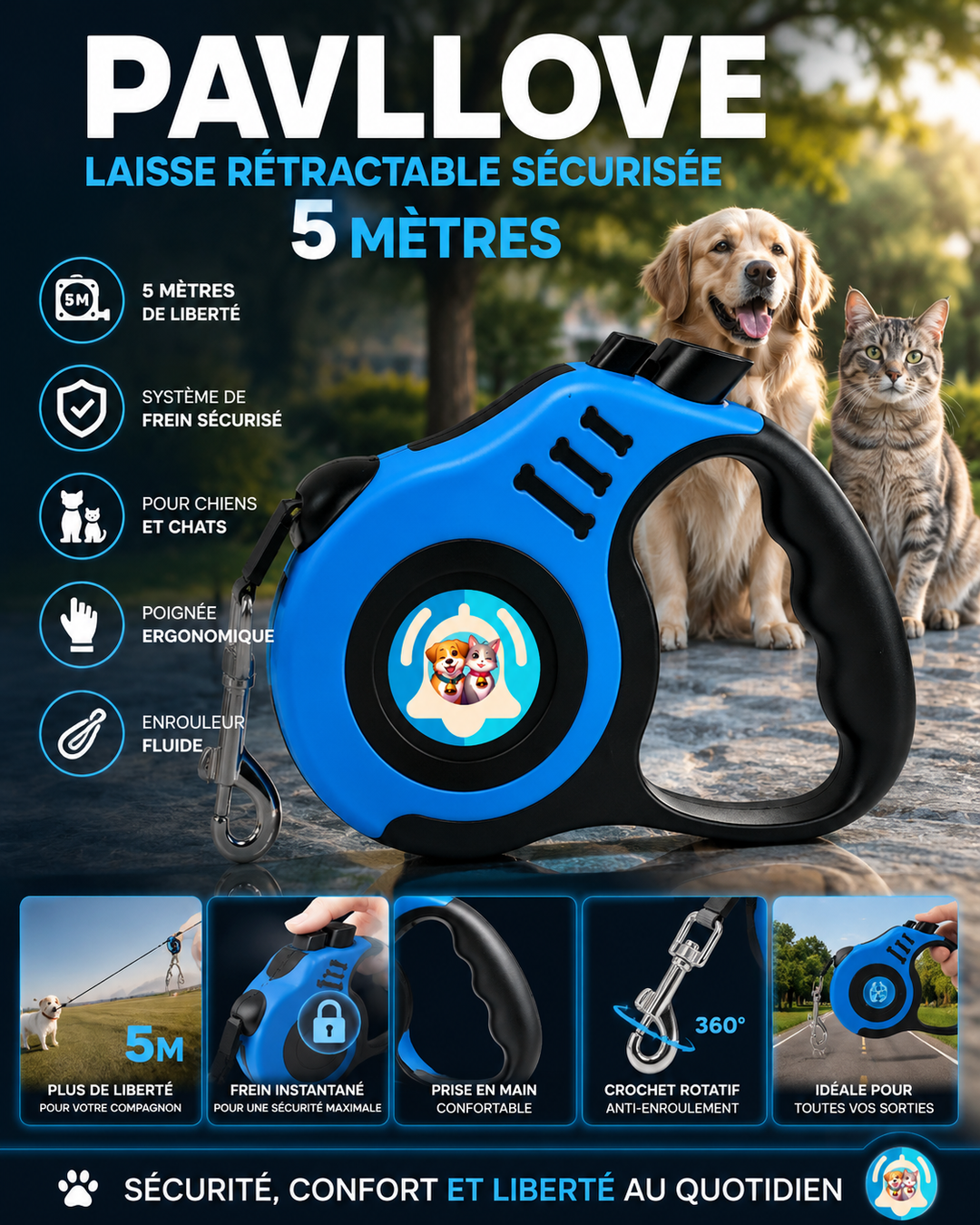 Laisse rétractable sécurisée 5 mètres Pavllove ⭐⭐⭐⭐⭐