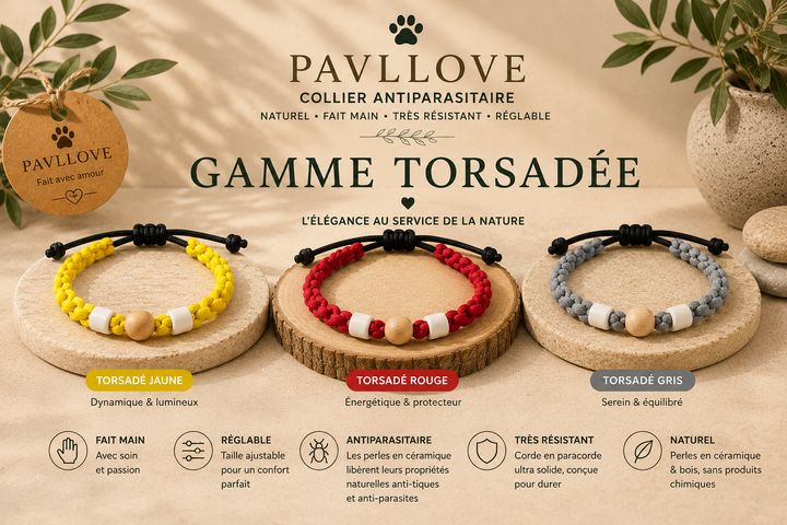 Collier Rose Torsadé Anti-Tiques Naturel, Antiparasitaire avec Perles de Céramique EM ⭐⭐⭐⭐⭐