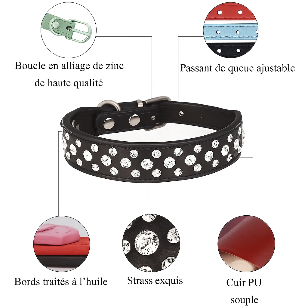Collier pour Chien & Chat à Strass – Cuir Synthétique Premium – Cristaux Scintillants – Ajustable & Durable – Noir - Pavllove