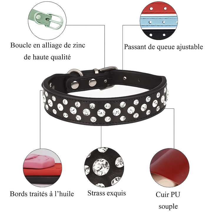 Collier pour Chien & Chat à Strass – Cuir Synthétique Premium – Cristaux Scintillants – Ajustable & Durable – Noir - Pavllove