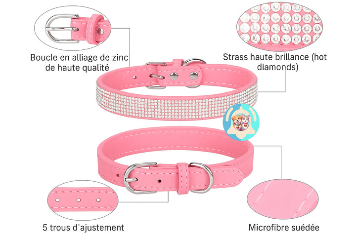Collier à Strass pour Chien et Chat Résistant, Ajustable, Haute Qualité Rose ou Noir, Luxe Brillant pour Petit, Moyen et Grand Chien - Pavllove