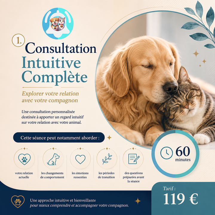 Consultation intuitive animale PAVLLOVE® pour mieux comprendre son chien ou son chat et renforcer la relation humain-animal grâce à un accompagnement personnalisé.