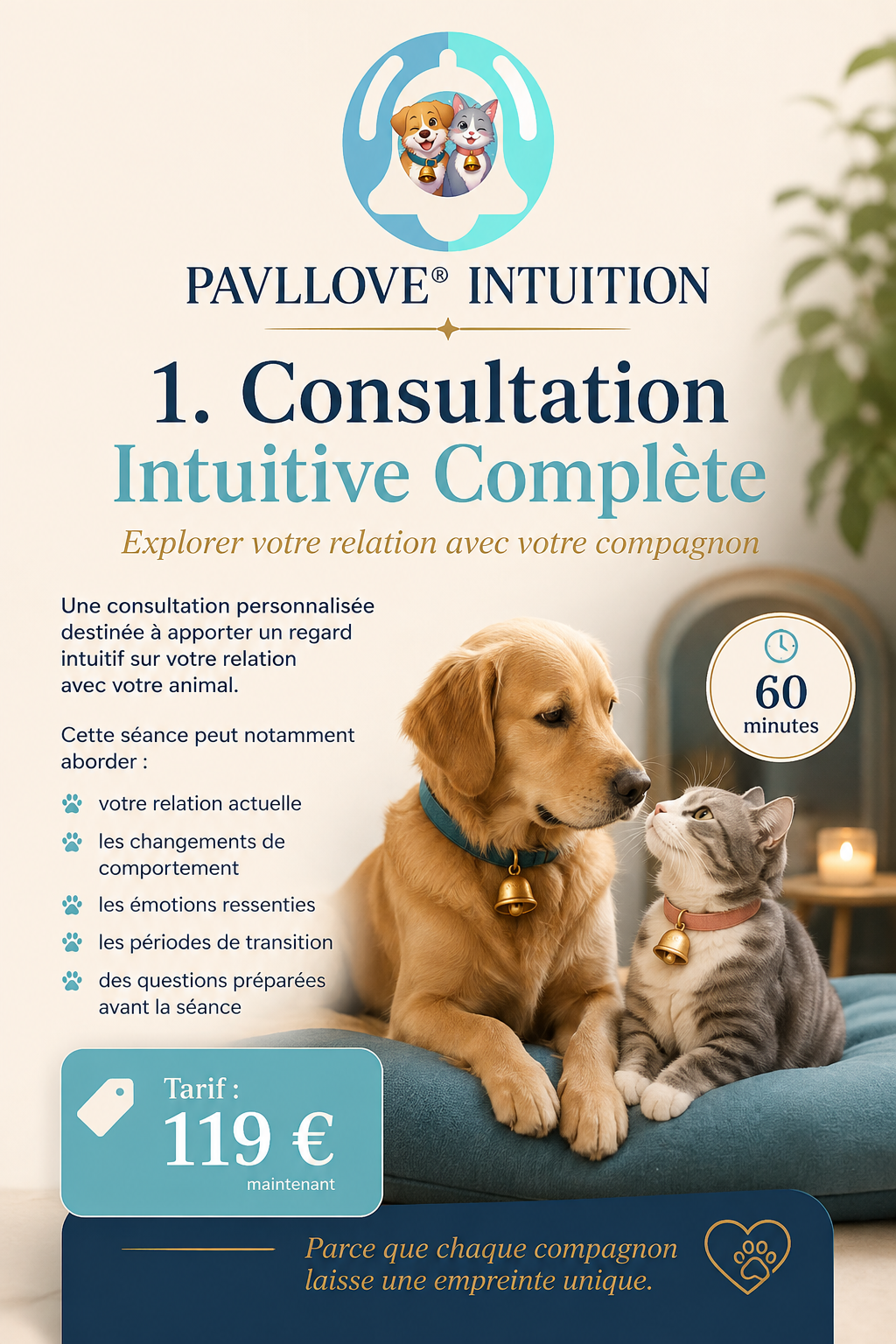 Accompagnement intuitif personnalisé pour chien et chat, consultation à distance dédiée au comportement, aux émotions et au bien-être de votre compagnon.