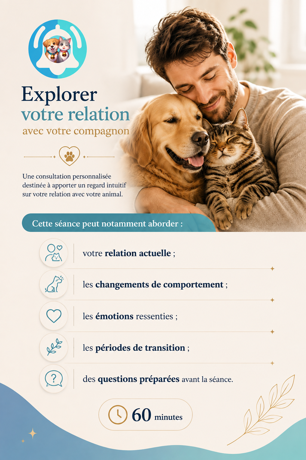 Service PAVLLOVE® Intuition avec un homme, un chien et un chat illustrant une consultation intuitive animale, la compréhension du comportement et le lien humain-animal.