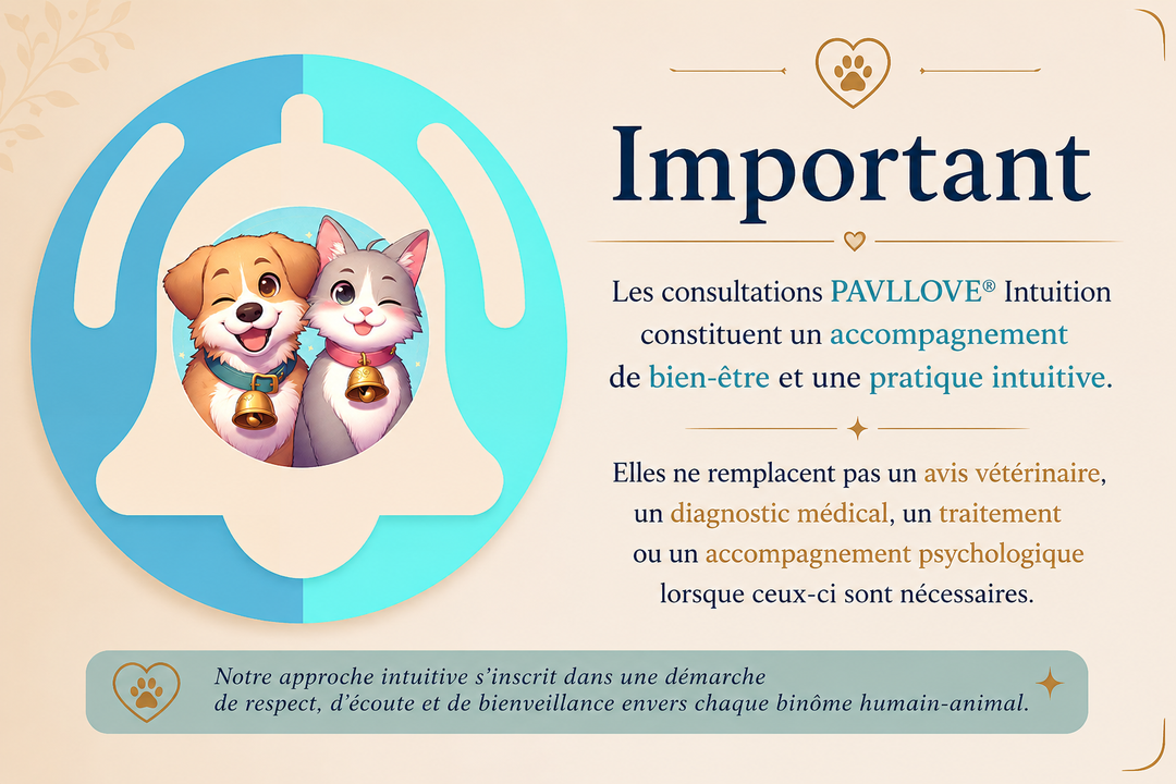 Consultation intuitive animale PAVLLOVE® – accompagnement personnalisé pour mieux comprendre son chien ou son chat, renforcer la relation humain-animal, explorer les émotions, les changements de comportement et le bien-être de votre compagnon.