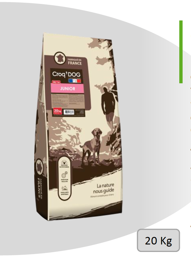 Croquettes CROQ’DOG JUNIOR 30/16 – Croissance chiot & jeune chien, volaille haute digestibilité