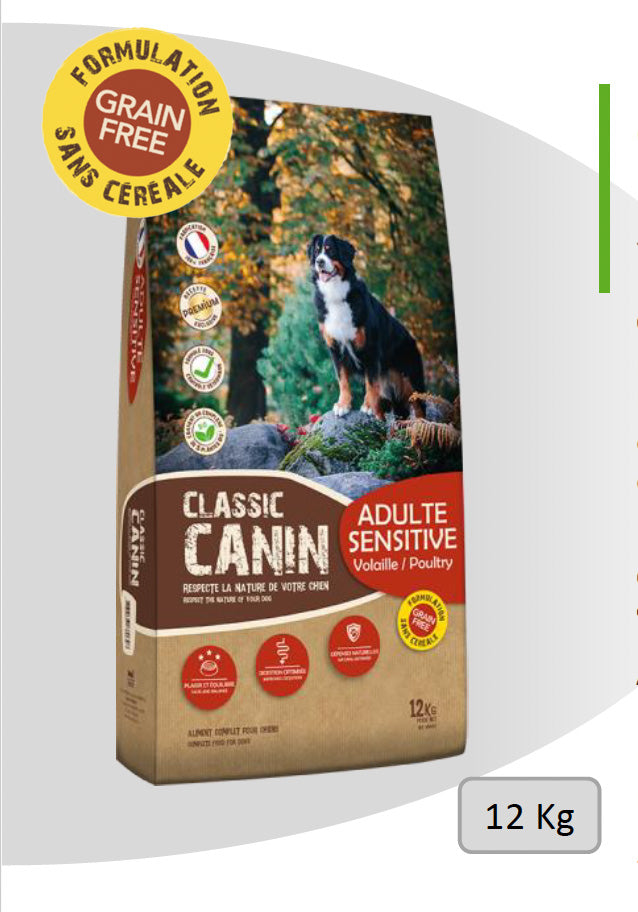 Croquettes CLASSIC CANIN Adulte Sensitive 12 Kg – SANS CÉRÉALES - Recette volaille hypo-digestible 32/16 avec plantes - Pavllove