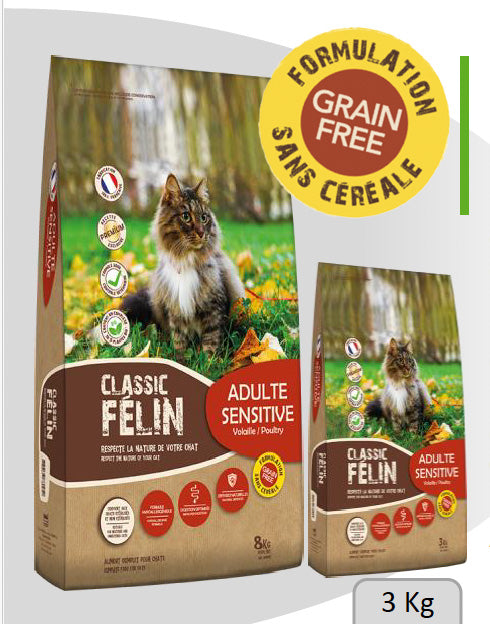 Croquettes SANS CÉRÉALES CLASSIC FÉLIN Adult Sensitive 3 kg Volaille 47%, plantes BIO, digestion sensible - Pavllove