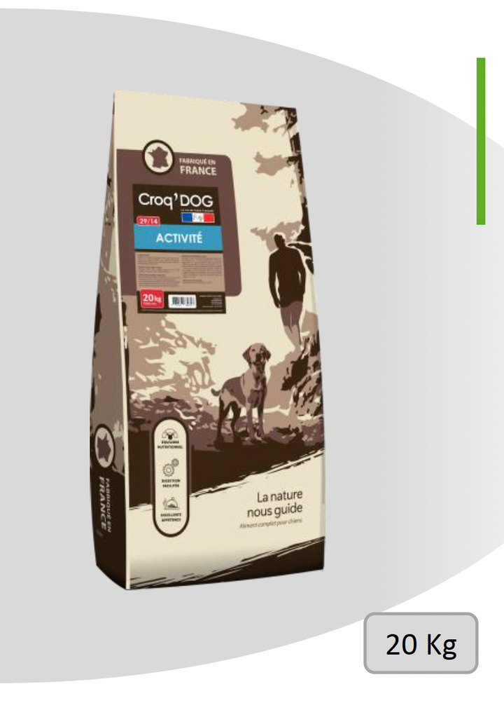 Paquet de croquettes CROQ’DOG ACTIVITÉ 29/14 pour chiens actifs – haute énergie, 29% protéines, recette volaille pour endurance et performance.