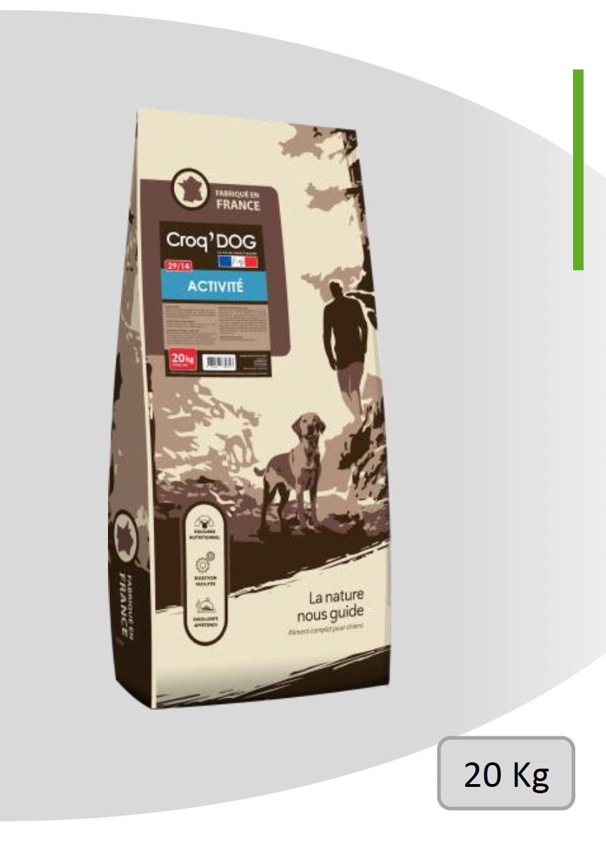 Paquet de croquettes CROQ’DOG ACTIVITÉ 29/14 pour chiens actifs – haute énergie, 29% protéines, recette volaille pour endurance et performance.