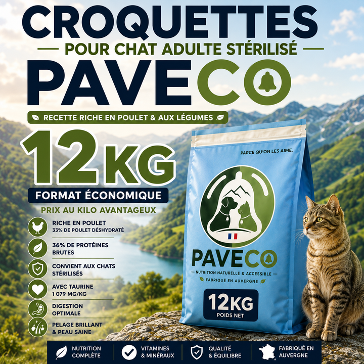 Croquettes chat stérilisé PAVECO avec 36 % de protéines brutes et taurine