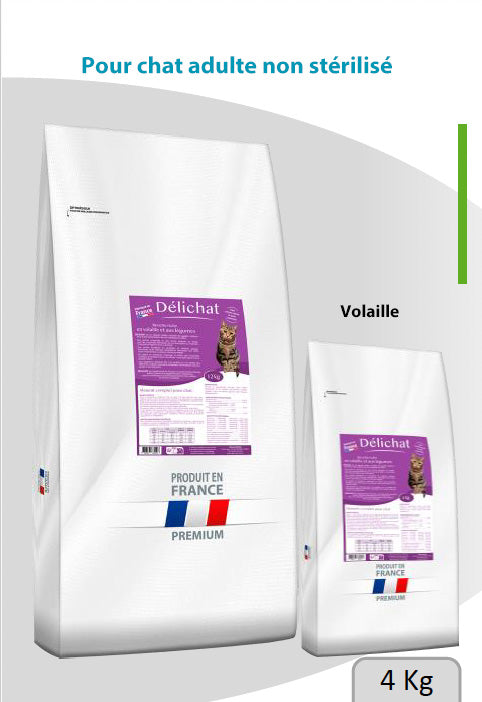 Paquet de croquettes DÉLICHAT 4 kg – chat adulte non stérilisé, riche en volaille et légumes, 33% protéines.