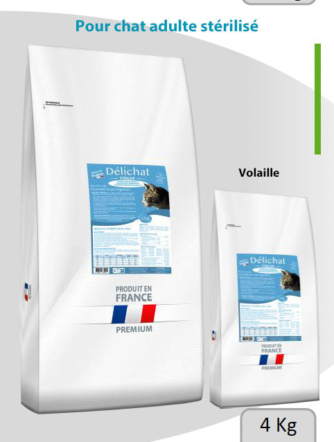 Paquet de croquettes DÉLICHAT STÉRILISÉ 4 kg – chat adulte stérilisé, riche en poulet et légumes, 36% protéines.