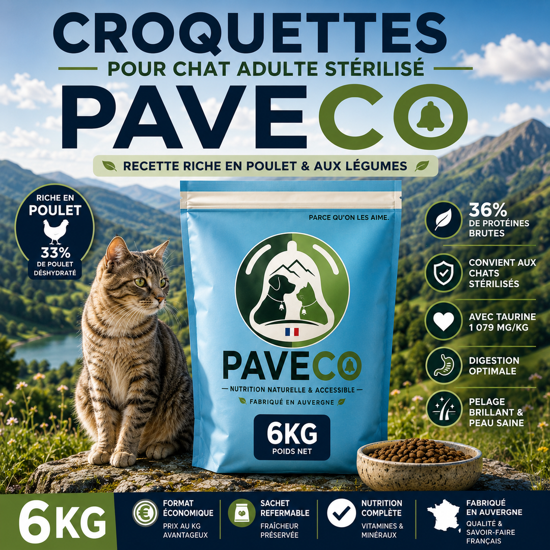 Croquettes économiques pour chat stérilisé PAVECO avec 33 % de poulet déshydraté