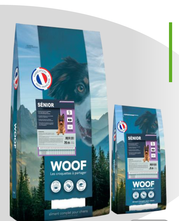 Paquet de croquettes WOOF SENIOR 14 kg – alimentation complète pour chiens âgés, digestion facile, fibres et taurine.