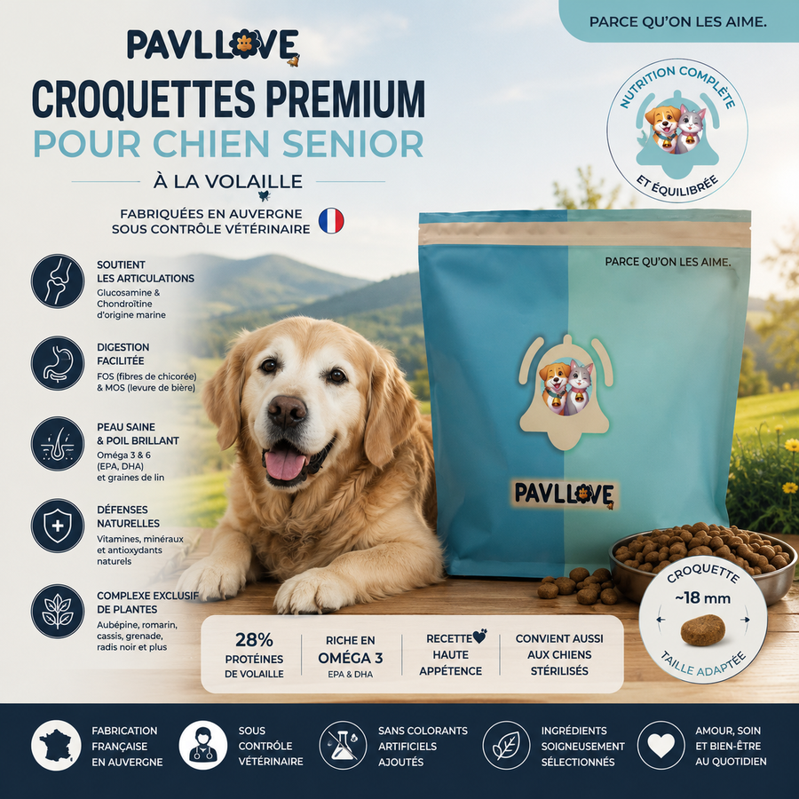 Croquettes PAVLLOVE Premium pour chien senior à la volaille, aliment complet fabriqué en France sous contrôle vétérinaire pour chiens âgés.
