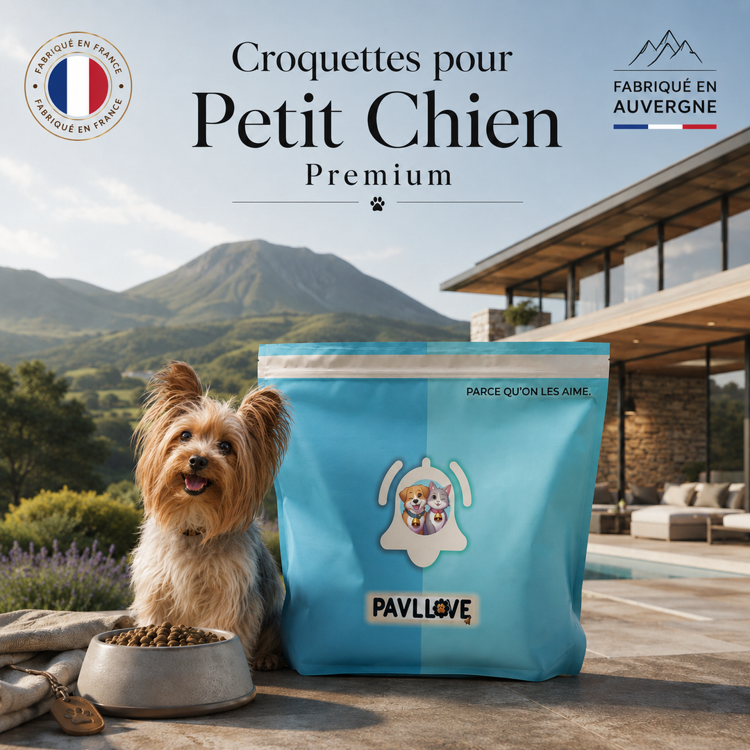 Croquettes premium Pavllove à la volaille pour petit chien adulte fabriquées en Auvergne