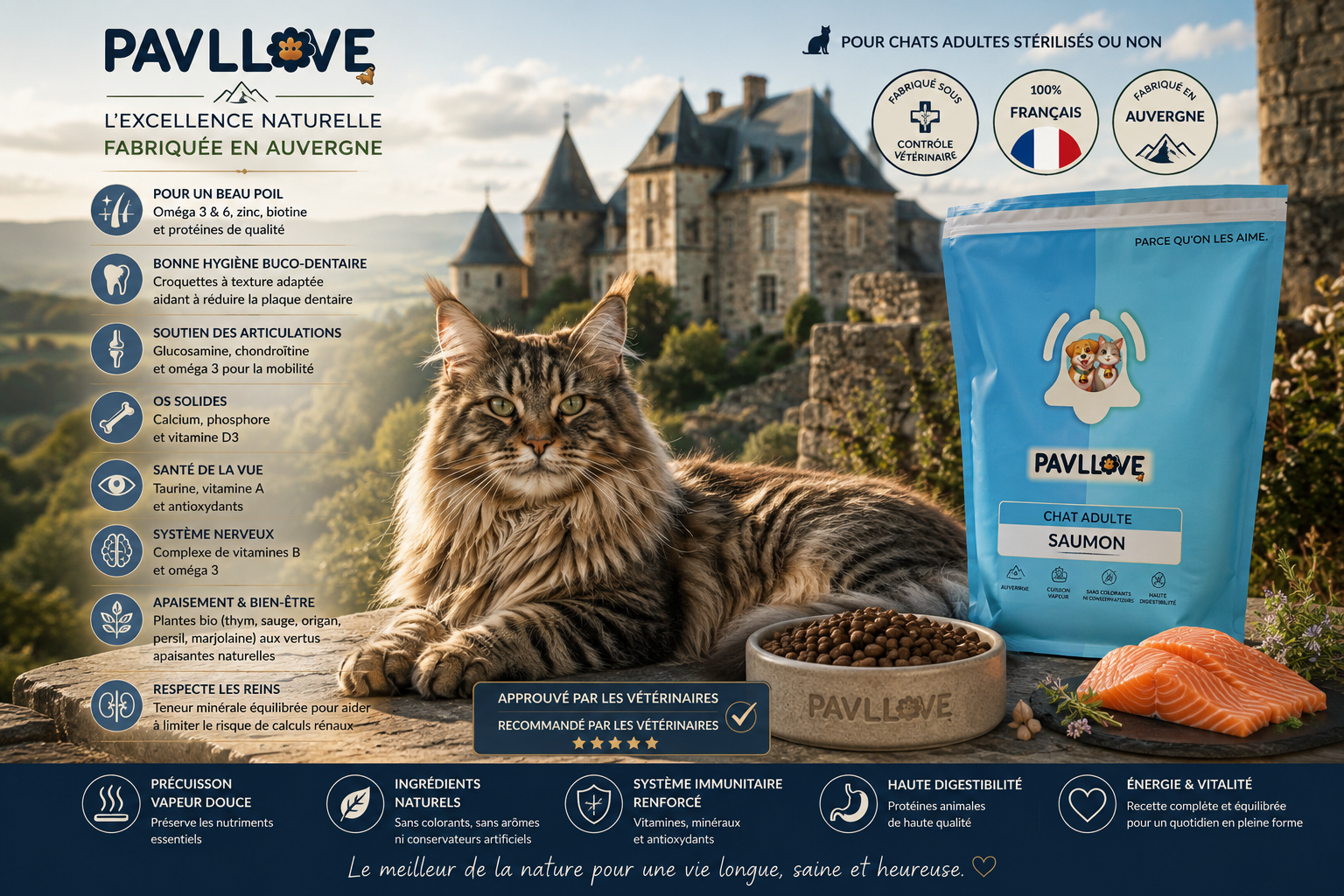 Croquettes françaises pour chat adulte élaborées avec du saumon