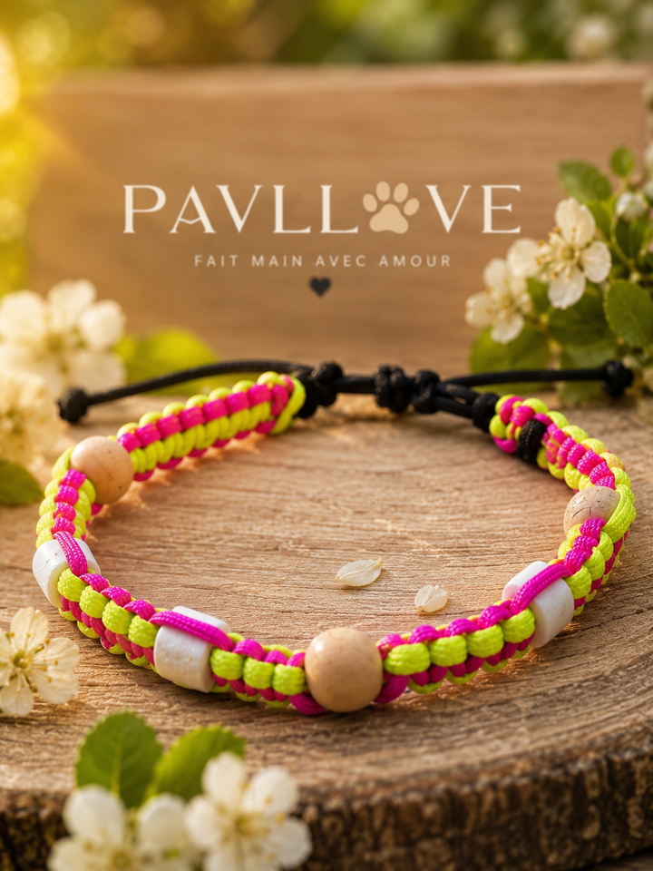 Collier Fluo Jaune & Rose Anti-Tiques & Antiparasitaire Naturel (Tréssée) avec Perles de céramique EM ⭐⭐⭐⭐⭐