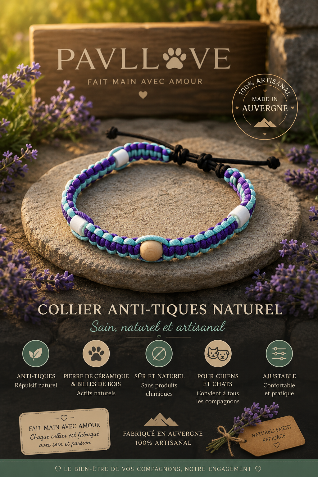Collier Anti-Tiques & Antiparasitaire Naturel Chien et Chat, Fait Main en France, Perles de Céramique EM (Gamme Tréssée)