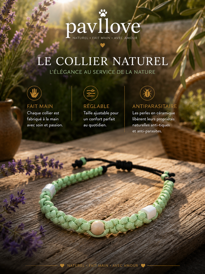 Collier vert Torsadé Anti-Tiques Naturel, Antiparasitaire avec Perles de Céramique EM ⭐⭐⭐⭐⭐
